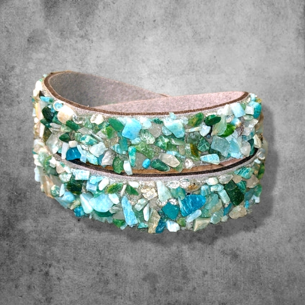 C1 Unique Natural Gemstone Double Wrap Bracelet Aqua Seafoam Green Mint Blue